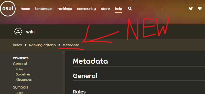 The metadata RC has now officially gotten an overhaul: Sections were reorganized, language updated, and some rules adjusted to better encompass different cases.

For full information, the new page is now available to read over here -&gt; osu.ppy.sh/wiki/en/Rankin…