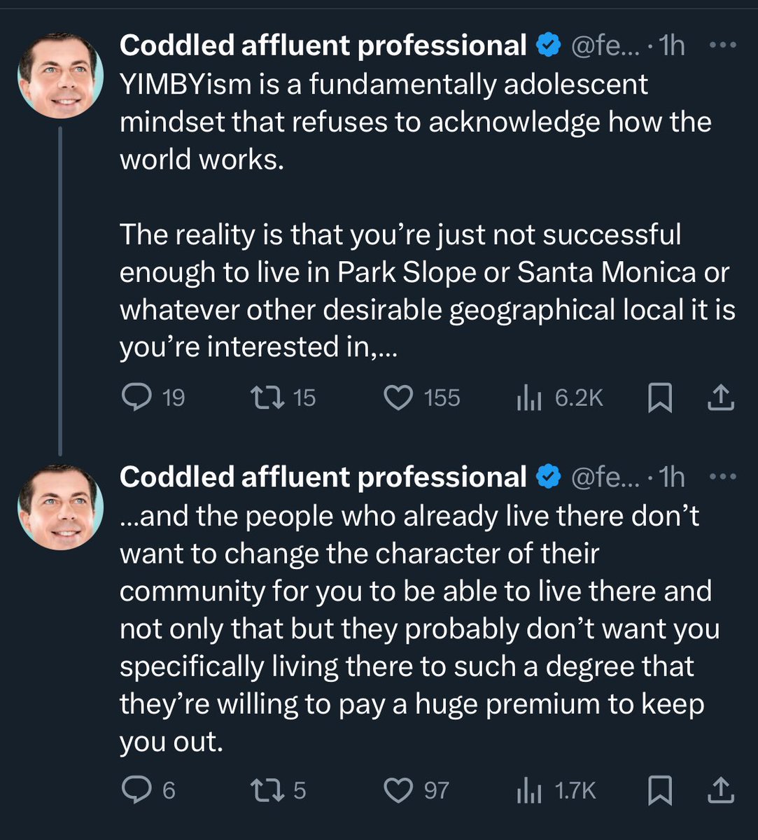 I see a lot of people say it’s childish or entitled to think that more people should be able to live in desirable areas — personally I think it’s childish for landowners to use their local governments like their personal HOA to hoard their neighborhoods for themselves