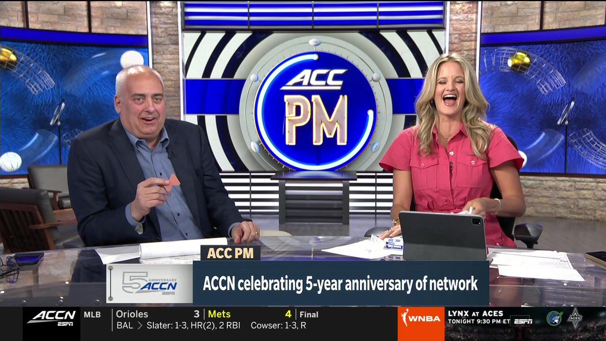BrooksAD's tweet photo. A benefit of @accnetwork celebrating its 5-year anniversary in Bristol? ACCN commentators live at ESPN HQ in the summer!
@MarkPacker celebrates ACCN's anniversary AND @kelseyriggs's full-time SportsCenter gig on #ACCPM, while @EricMacLain joins #CFBLive right down the hall! https://t.co/ziAEEt7Ptu