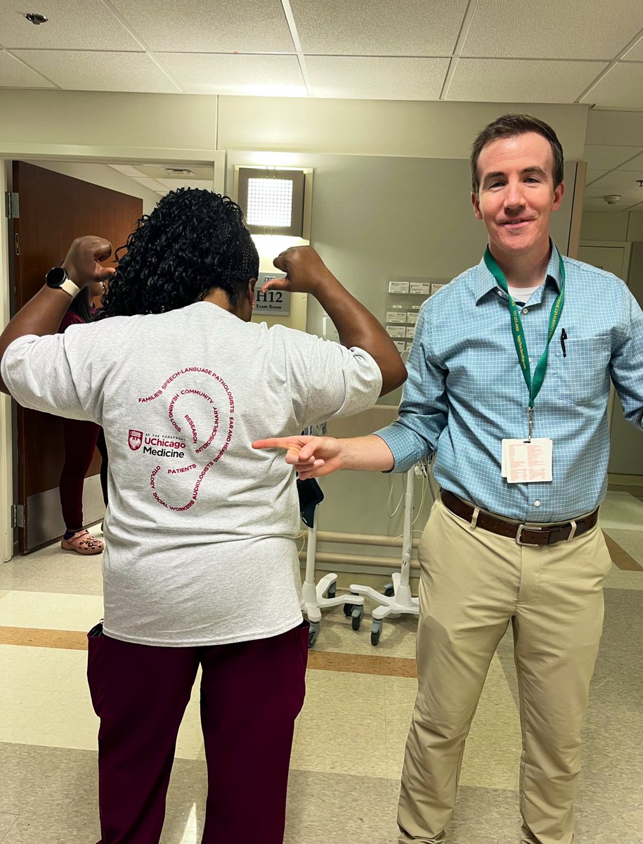 TedImbEARy's tweet photo. Today was Sheri’s last day with us as a medical assistant in the @UChicagoOHNS clinic 😰 We will miss her as she moves on to her new role as an inpatient @UChicagoMed nurse, but know that she will always be reppin the @UChicagoHearing shirt! #Teamwork #TheEar https://t.co/2hnQvXGzmt