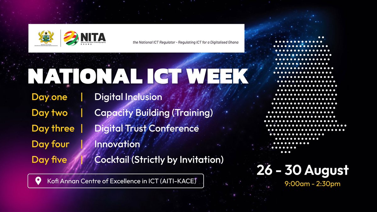 NITAGhana's tweet photo. An exciting and fun program outline for our first National ICT Week slated for next from the 26th August - 30th August, 2024.
Do not be left out from our first Annual Week Celebration.
#NationalICTWeek24 #NICTW #DigitalisationAgenda #TechTrends #Tech https://t.co/P6FES73zbN