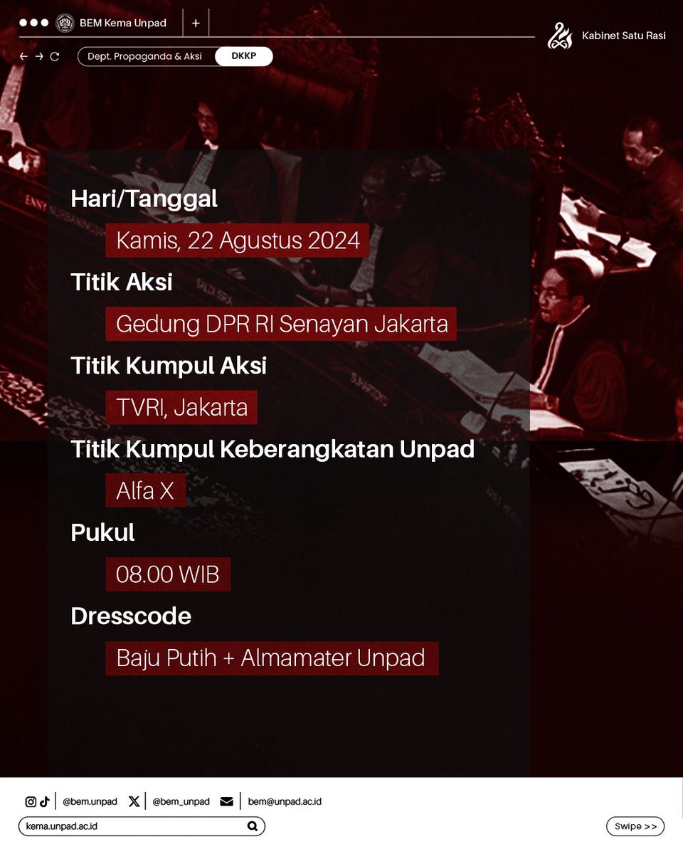 Halo, Kema Unpad!

Mari bersama-sama satukan langkah untuk berjuang demi keselamatan demokrasi dengan turut serta dalam aksi penyuaraan aspirasi!

#KiamatDemokrasi
#SelamatkanDemokrasi
#BerantasKeserakahanPemerintah
#TolakPolitikDinasti 
#KawalPutusanMK