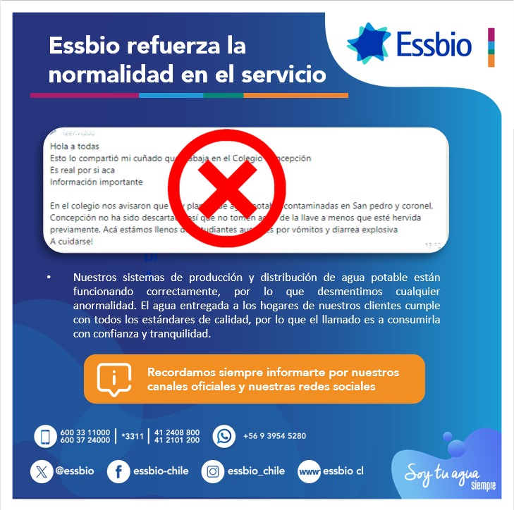 essbio's tweet photo. Frente a mensajes que han circulado en rrss, informamos total normalidad del servicio de agua potable en las comunas mencionadas.

Recordamos que todo tipo de información será entregada a través de nuestros canales oficiales de comunicación.

#SoyTuAguaSiempre https://t.co/hzOQuaZCC7