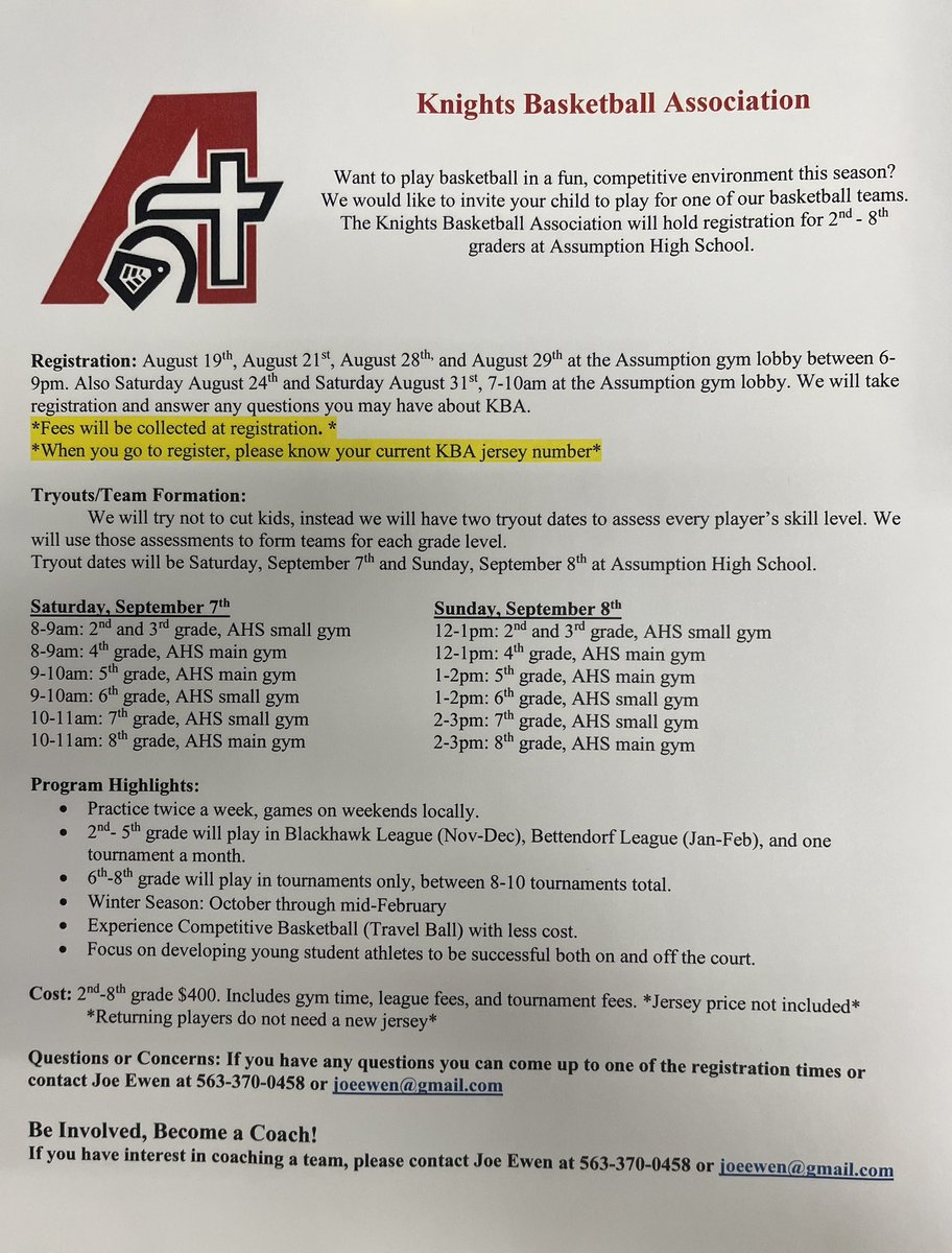Second day to sign up for KBA. Assumption gym lobby from 6-9pm.