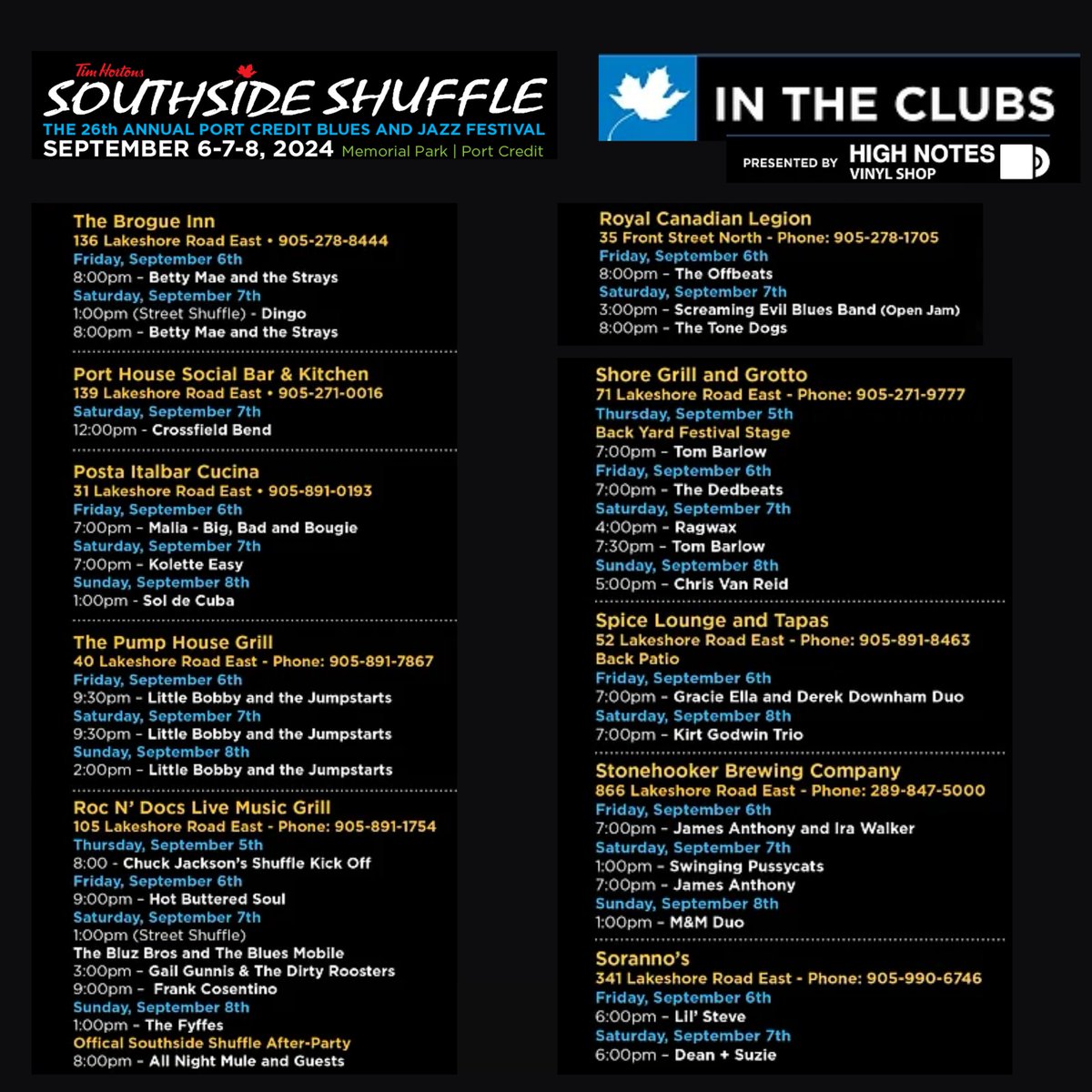 ssshufflepc's tweet photo. IN THE CLUBS! So much great live music to see during the 26th annual Tim Hortons Southside Shuffle happening, September 6-7-8! #PortCredit #SouthsideShuffle #BluesFestivals #MississaugaEvents https://t.co/2u1jfqmYCJ