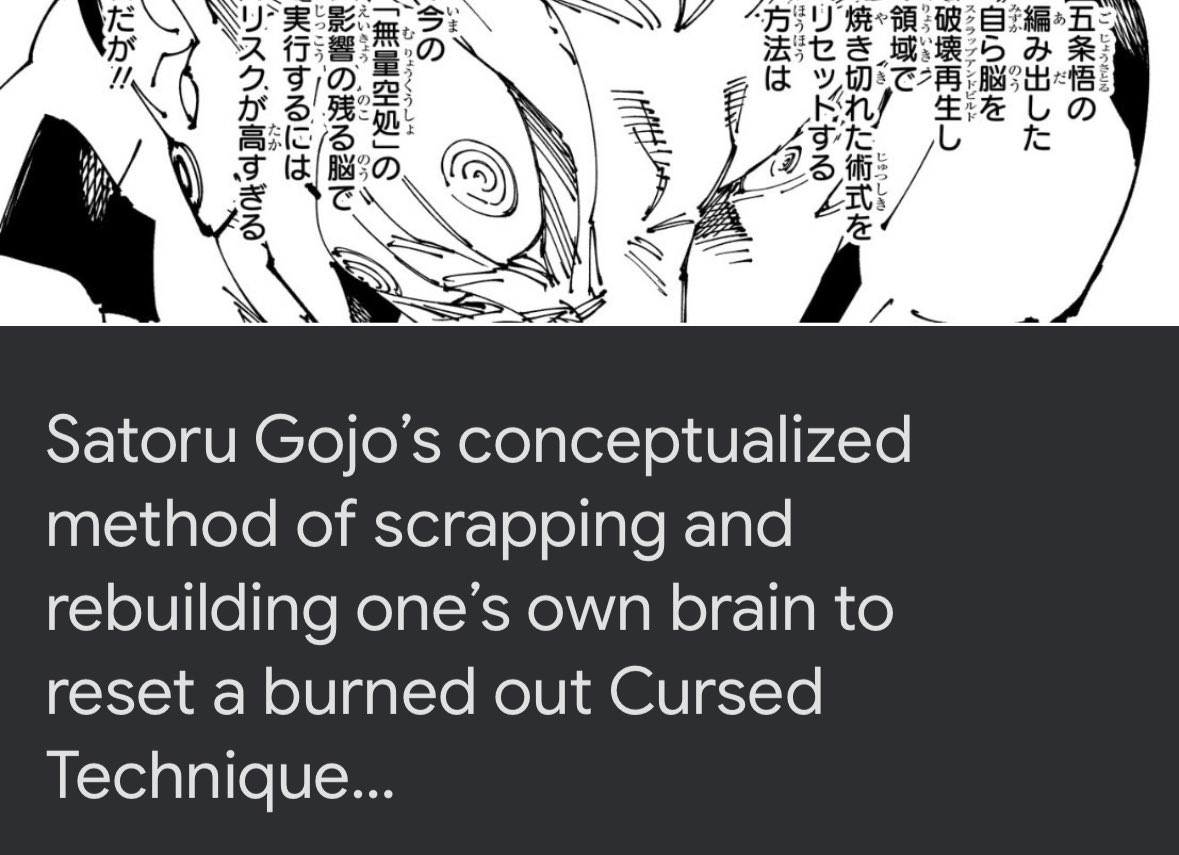 lightningclare's tweet image. Actually surprising Gege answered this specific question of how Sukuna learned the CT reset method and that it came from Gojo

The fact Sukuna immediately understood what Gojo did and replicated it. Gojo’s crazy ideas including tiny barrier remain relevant up until the very end