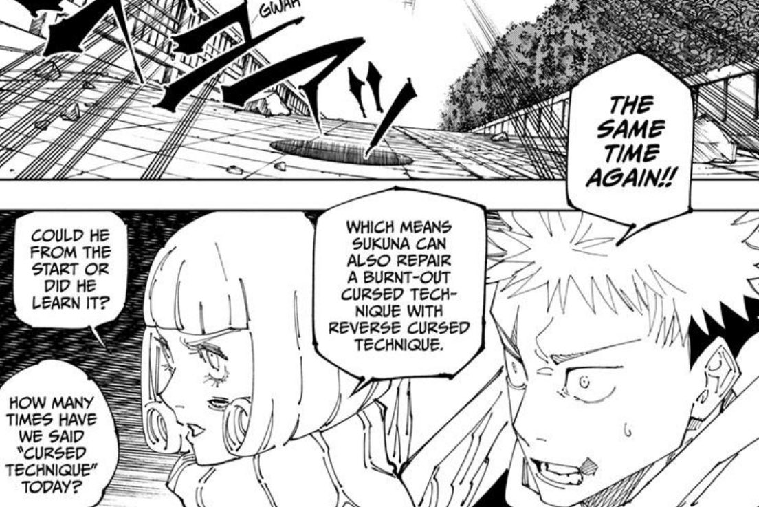 lightningclare's tweet image. Actually surprising Gege answered this specific question of how Sukuna learned the CT reset method and that it came from Gojo

The fact Sukuna immediately understood what Gojo did and replicated it. Gojo’s crazy ideas including tiny barrier remain relevant up until the very end