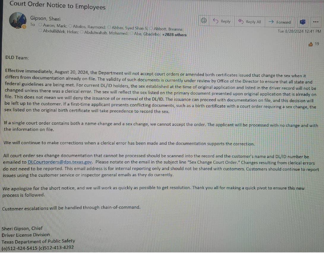 GreatCheshire's tweet image. Texas DPS just made a ruling yesterday that they won’t let you change your sex marker on your driver license anymore even with court approval, and folks who try will get put on a registry. No reason stated for why. No order to change both name and gender will be recognized