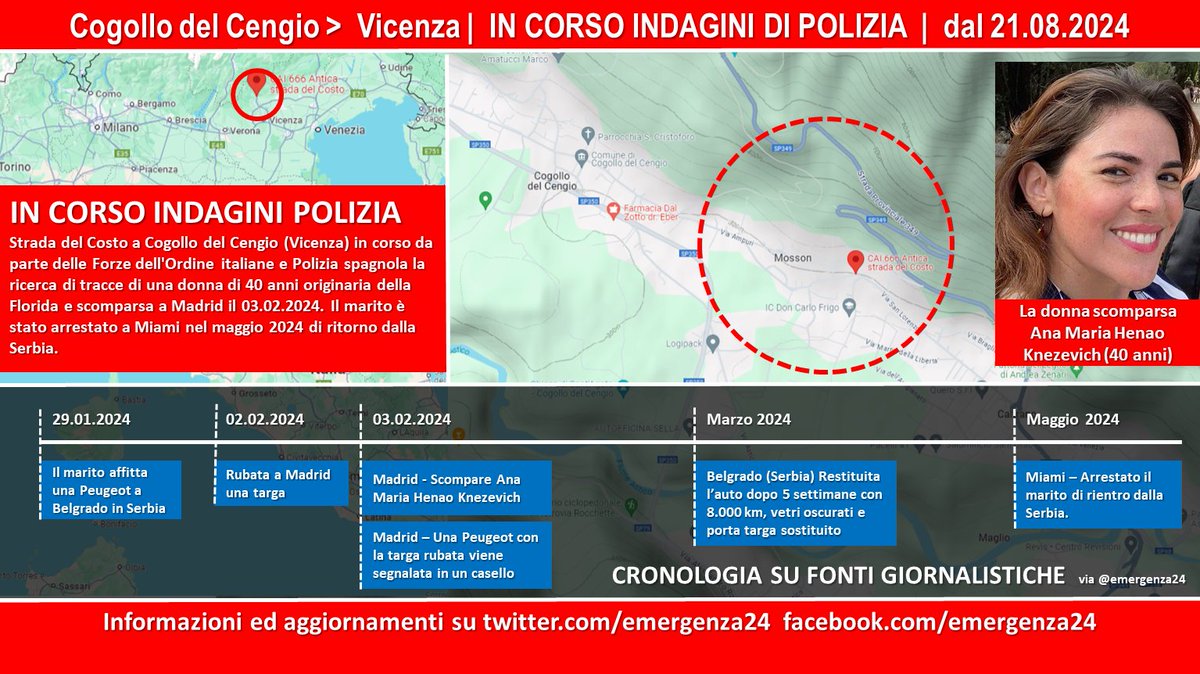 Emergenza24's tweet photo. [21.08-22:20] Strada del Costo a #Cogollo del #Cengio #Vicenza in corso da parte delle Forze dell'Ordine la ricerca di tracce di una donna di 40 anni scomparsa a Madrid il 03.02.2024. 

Le ricerche continueranno nei prossimi giorni.
Informazioni e aggiornamenti: https://t.co/QVOpFGm4yN

Per le ultime notizie iscriviti al canale dedicato di #Emergenza24 https://t.co/cMAVbPc9y1