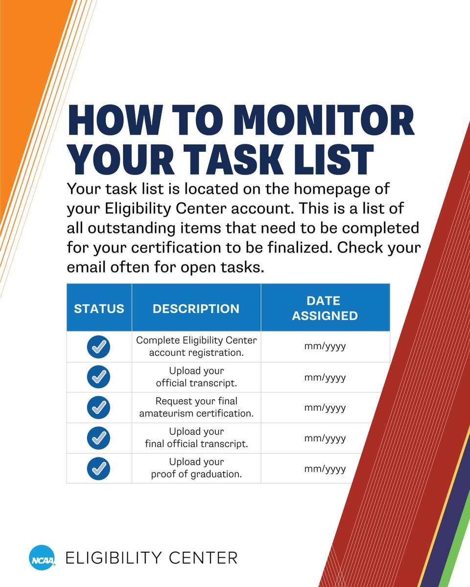 NCAA Eligibility Center (@ncaaec) on Twitter photo After you register for an <a href="/ncaaec/">NCAA Eligibility Center</a> certification account, monitor your task list to see your next steps.
đ on.ncaa.com/ec After you register for an <a href="/ncaaec/">NCAA Eligibility Center</a> certification account, monitor your task list to see your next steps.
đ on.ncaa.com/ec