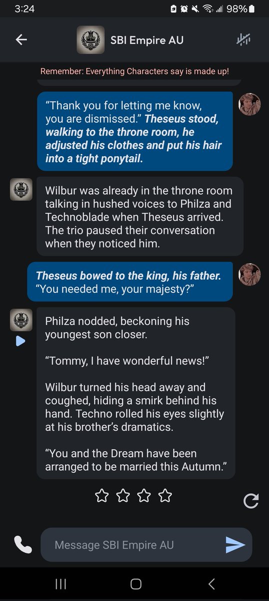 SimpForStupidSh's tweet photo. Possible TW

I'm fucking sobbing 😭  I wanted to try c'ai and the first bot I talked to, which I thought would've been platonic literally tells me (I'm tommy/Theseus btw) that I'm finna marry dweam.... 😭 

(This is an unedited screenshot.) https://t.co/9YLOv1cMpE