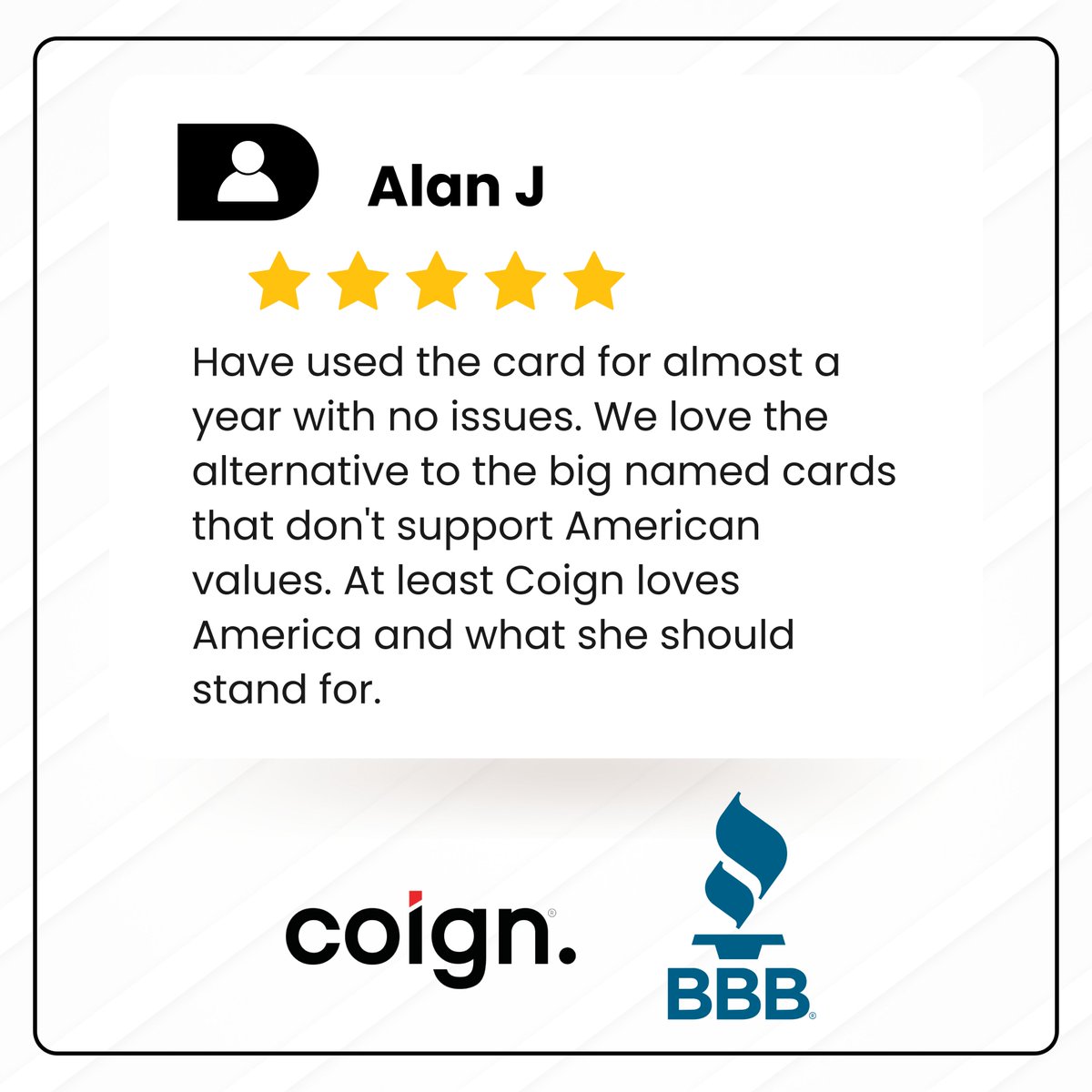 coigncard's tweet photo. Better Business Bureau Reviews are strong from Coigners
#coign #coigncard #creditcard #supportamericanvalues #conservativecauses #customerfeedback #bbbreview #supportourvalues #bettertogether #americanmade #cardservices #customerreviews #responsiblespending #fallseason #bbb https://t.co/H1k9xCJu9T