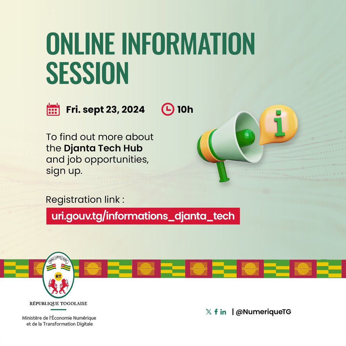 Êtes-vous intéressés par les postes à pourvoir au sein du Djanta Tech Hub ? 

Saisissez l'occasion de la session d'information en ligne avec Co-creation Hub (cchub.africa ).

🗓 Date : Vendredi 23 août 2024
🕚 Heure : 10 H GMT
🪢 Accédez au webinaire via ce lien :
