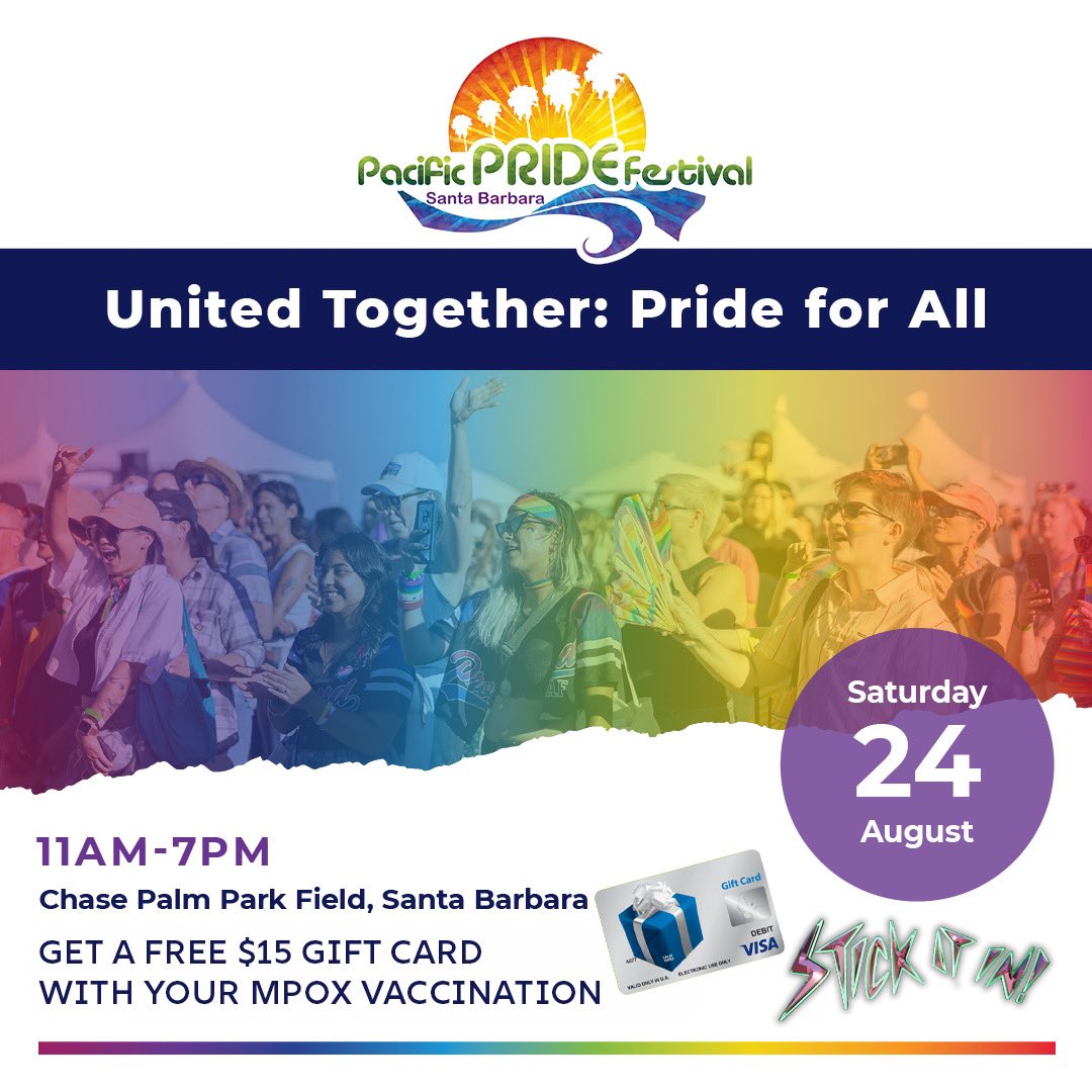 Don’t miss Pacific Pride Festival this Saturday, August 24 from 11am - 7pm at Chase Palm Park Field! Get a FREE $15 gift card when you get your mpox vaccination with us!