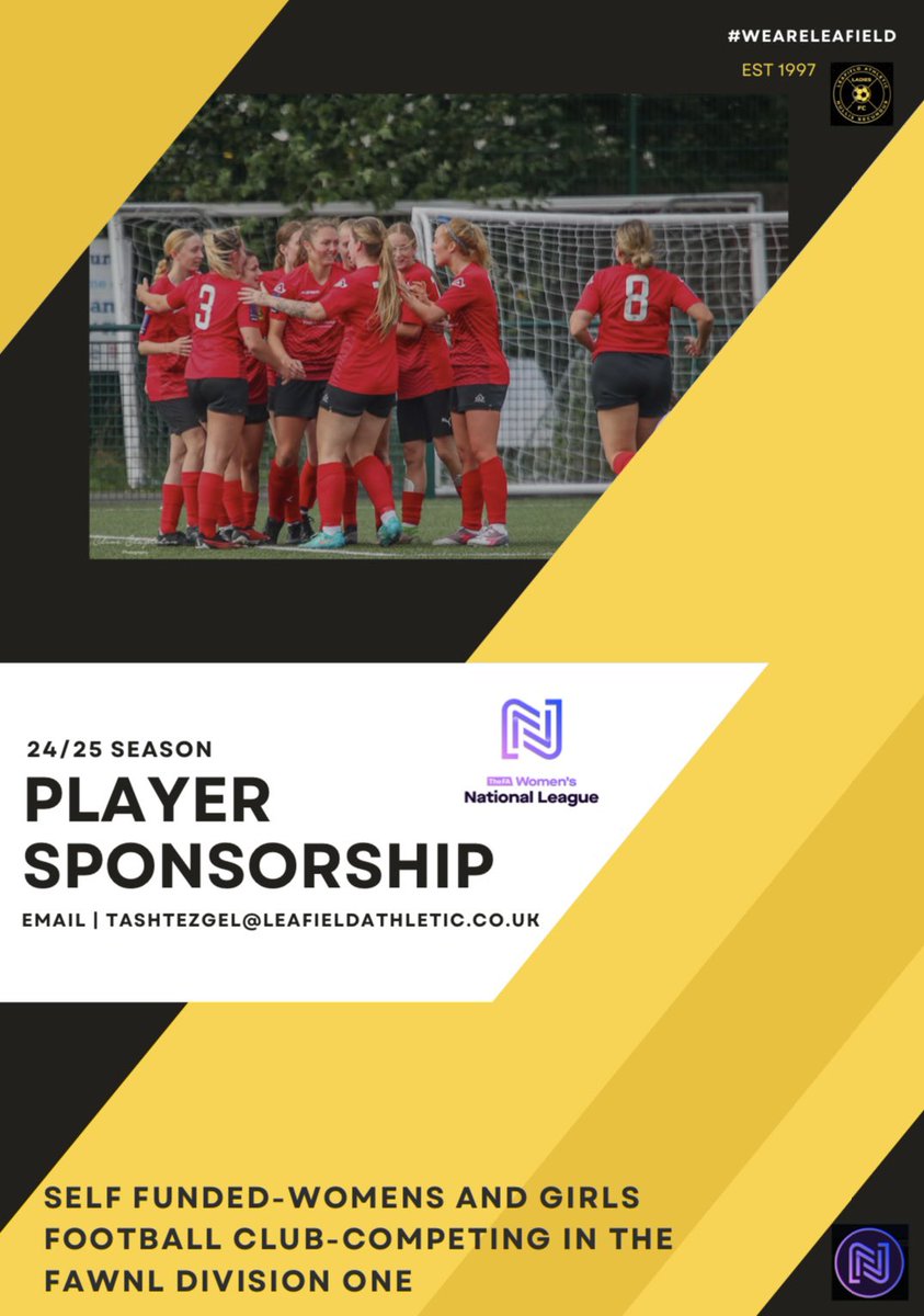𝐏𝐥𝐚𝐲𝐞𝐫/𝐂𝐥𝐮𝐛 𝐒𝐩𝐨𝐧𝐬𝐨𝐫𝐬𝐡𝐢𝐩𝐬 🟡⚫️

We are currently looking to increase our sponsorships for our individual players and club for the 24/25 season. As we start our 𝐧𝐞𝐰 𝐞𝐫𝐚 in tier 4 of the <a href="/FAWNL/">FA Women's National League</a> 👊🏽

𝐀𝐯𝐚𝐢𝐥𝐚𝐛𝐥𝐞 𝐒𝐩𝐨𝐧𝐬𝐨𝐫𝐬𝐡𝐢𝐩