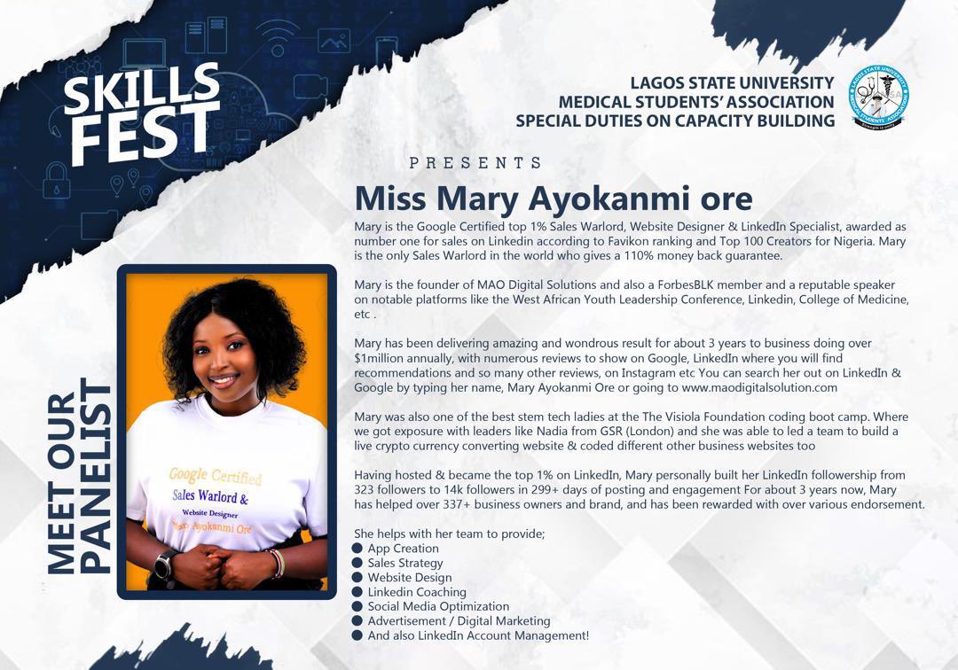lasumsa's tweet photo. LASUMSA Skills Fest 2024 Panelist Spotlight!!!
We are excited to have Miss Mary Ayokanmi at the Grand Finale😁🔥🔥

#skillfest #lasucom https://t.co/bRD8ezN52m