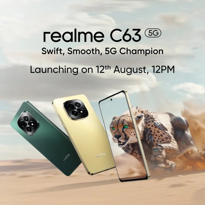 Alatovibe's tweet photo. 🚀 The Realme C63 5G is now available in India! 🎉 Priced from ���10,999, it features a 6.67" HD+ display, MediaTek Dimensity 6300, up to 8GB RAM, and a 32MP camera. 📸 Enjoy a 5000mAh battery and special launch offers! Don't miss out! #RealmeC63 #5G #SmartphoneSale https://t.co/xaiyVc9n7Y