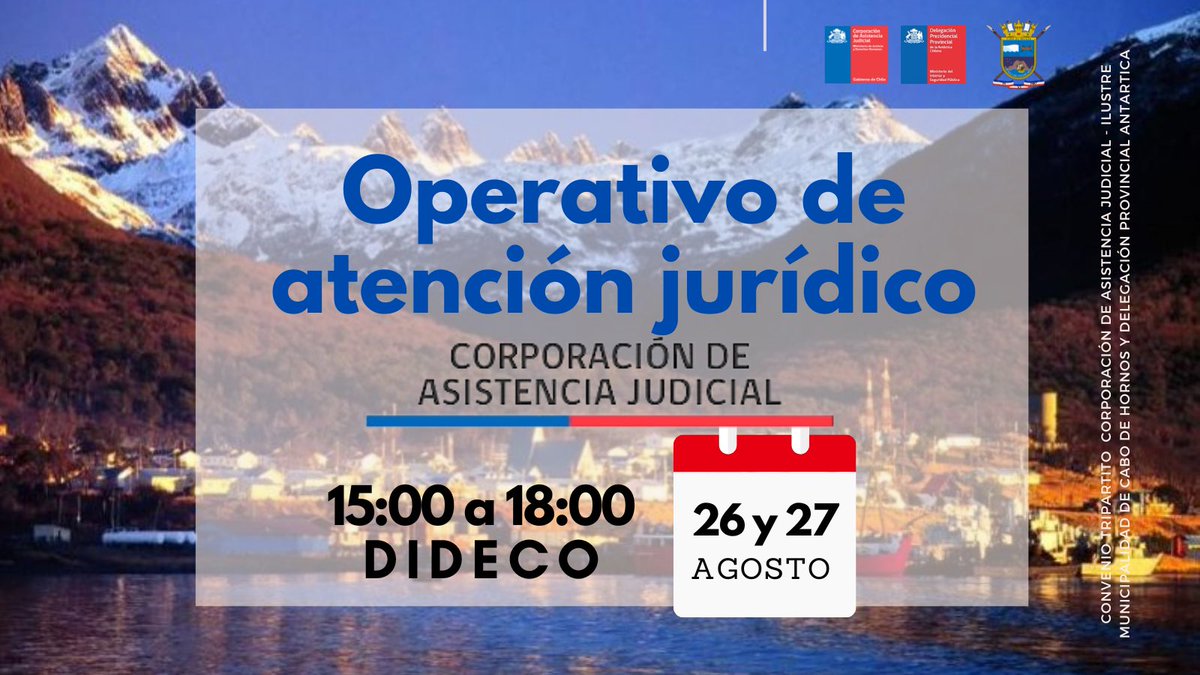 ¡Atención Puerto Williams!
Atención gratuita de abogado de la Corporación de Asistencia Judicial el 26 y 27 de agosto en la DIDECO de  15:00 a 18:00 hrs. Convenio tripartito entre la <a href="/CAJ_RM/">Corporación de Asistencia Judicial Metropolitana</a> - <a href="/DPPAntarticaCL/">Delegación Presidencial Provincial AntárticaCL</a> - <a href="/Imcabodehornos/">CABO DE HORNOS</a> 🤝acortando distancias para el acceso a la justicia
