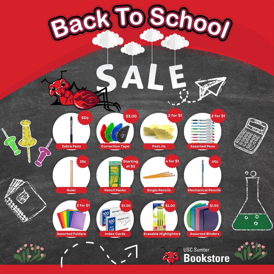 USCSumter's tweet photo. USC  Sumter Bookstore is holding a Back to School Sale. It's a great time to  pick up school supplies and Fire Ant gear! Sale is good through August  31. #uscsumter #backtoschoolsale #fireantgear https://t.co/h2nYnK0syY