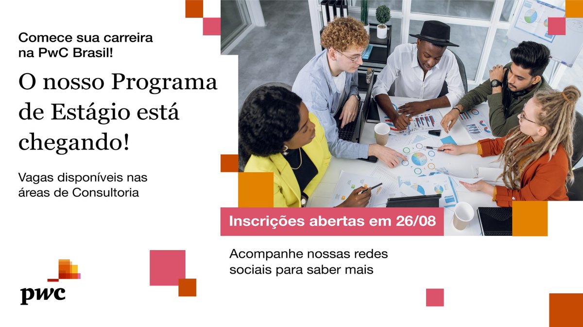 Vem aí mais um Programa de Estágio da PwC Brasil! 🎓🚀

Se você cursa o ensino superior e está em busca de uma oportunidade para transformar sua carreira, venha fazer parte de uma das maiores empresas de consultoria e auditoria do mundo.

🗓️ As inscrições começam no dia 26/08!
