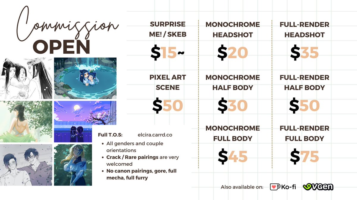 fallfades's tweet image. [RT/likes are appreciated]

Hello, this is my first public commission~
Promo until end of September: Same price for Single Character and Couple Art!

More info: elcira.carrd.co
Vgen: vgen.co/elcira
Ko-fi: ko-fi.com/elcira/commiss…

#VGenOpen #Commission