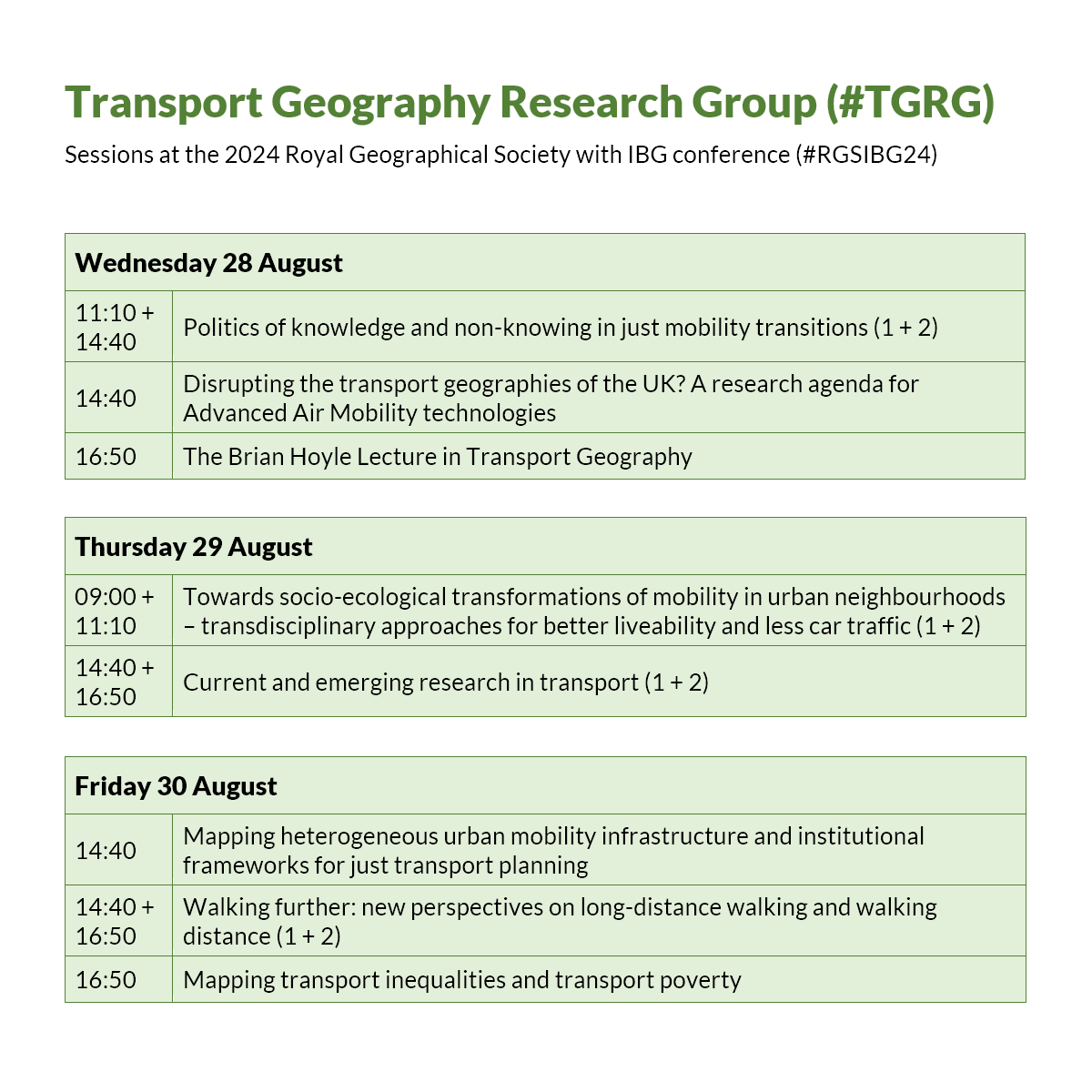 Transport Geography Research Group (#TGRG)

Sessions at the 2024 Royal Geographical Society with IBG conference (#RGSIBG24) from 28 to 30 August 2024 in London