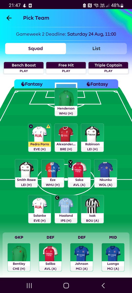 FPL_APPLE's tweet image. GW2:
- No transfers
- Robinson for Saliba (for now)
- Considering Haaland TC but 80% not doing it