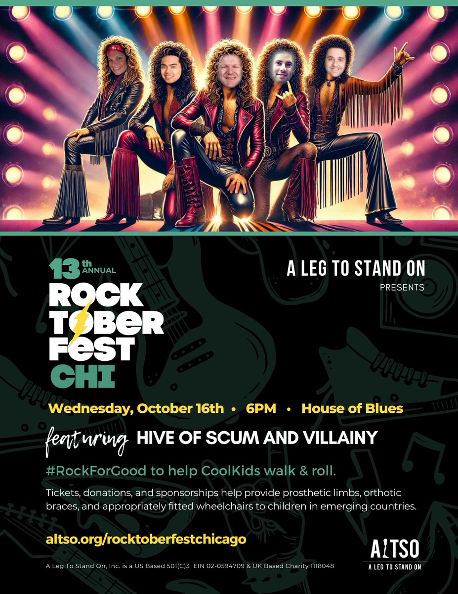 MonocleMan1's tweet photo. Hey everyone, I am part of a band that will #rockforgood at Rocktoberfest Chicago this October 16th! Could you please consider buying tickets or donating at https://t.co/c4VT4U5sWr ? Don't forget to put in "Hive of Scum and Villainy." Thanks for your support of @ALegToStandOn ! https://t.co/0P6dKxqmII