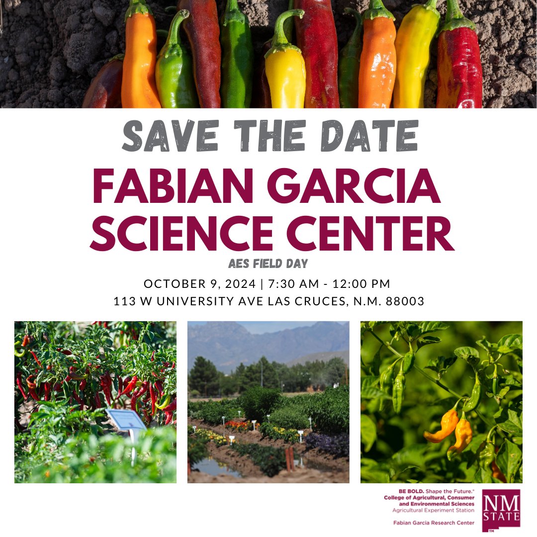 Save the Date! Come learn about the current research at the Fabian Garcia Science Center for their Annual Field Day. The event will be on October 9th with registration starting at 7:30 pm. Event details to follow. #savethedate #AES#GoAggies #fieldday #agriculturelife #nmsu