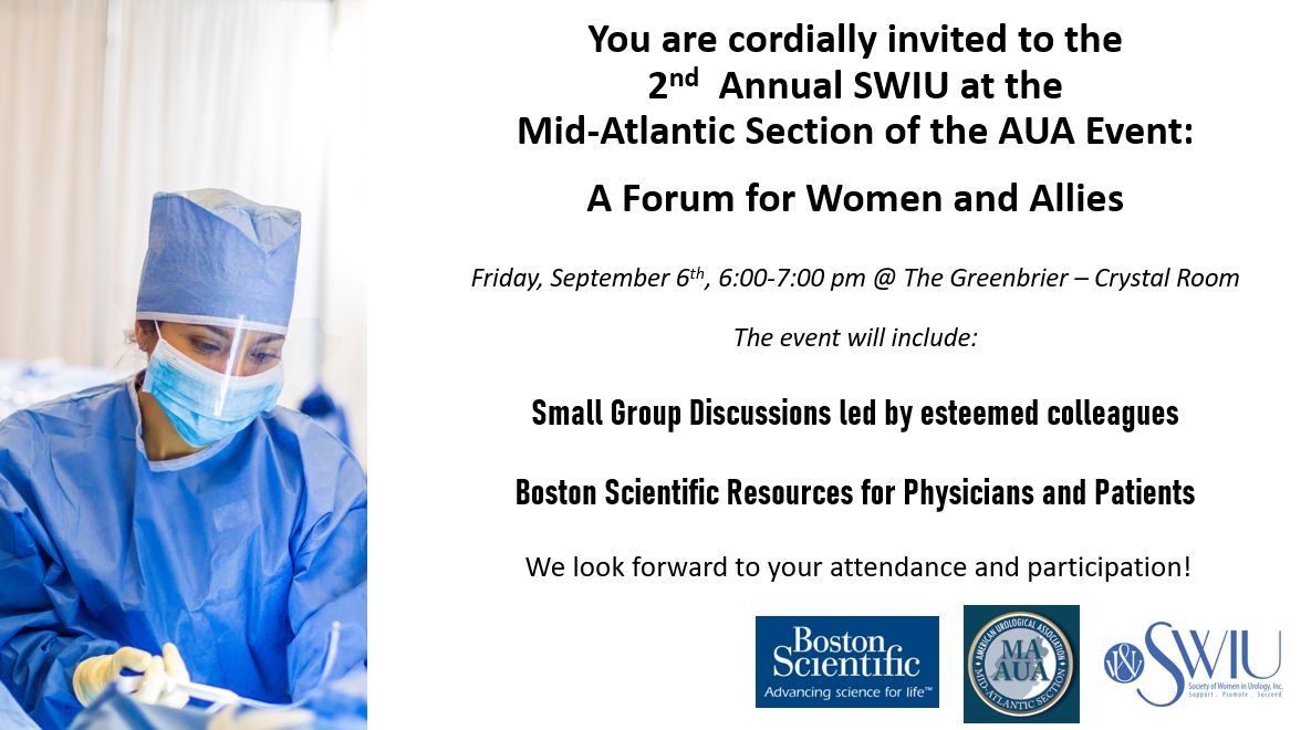 Mid-Atlantic Section of the AUA | MAAUA (@midatlanticaua) on Twitter photo Join our SWIU at the AUA Sections: A Forum for Women and Allies Event! Don't miss women urologists from across the Mid-Atlantic Section sharing their information and perspectives.
Check your inbox or email us for details on how to RSVP! info@maaua.org
#MAAUA24 #maaua #urology Join our SWIU at the AUA Sections: A Forum for Women and Allies Event! Don't miss women urologists from across the Mid-Atlantic Section sharing their information and perspectives.
Check your inbox or email us for details on how to RSVP! info@maaua.org
#MAAUA24 #maaua #urology