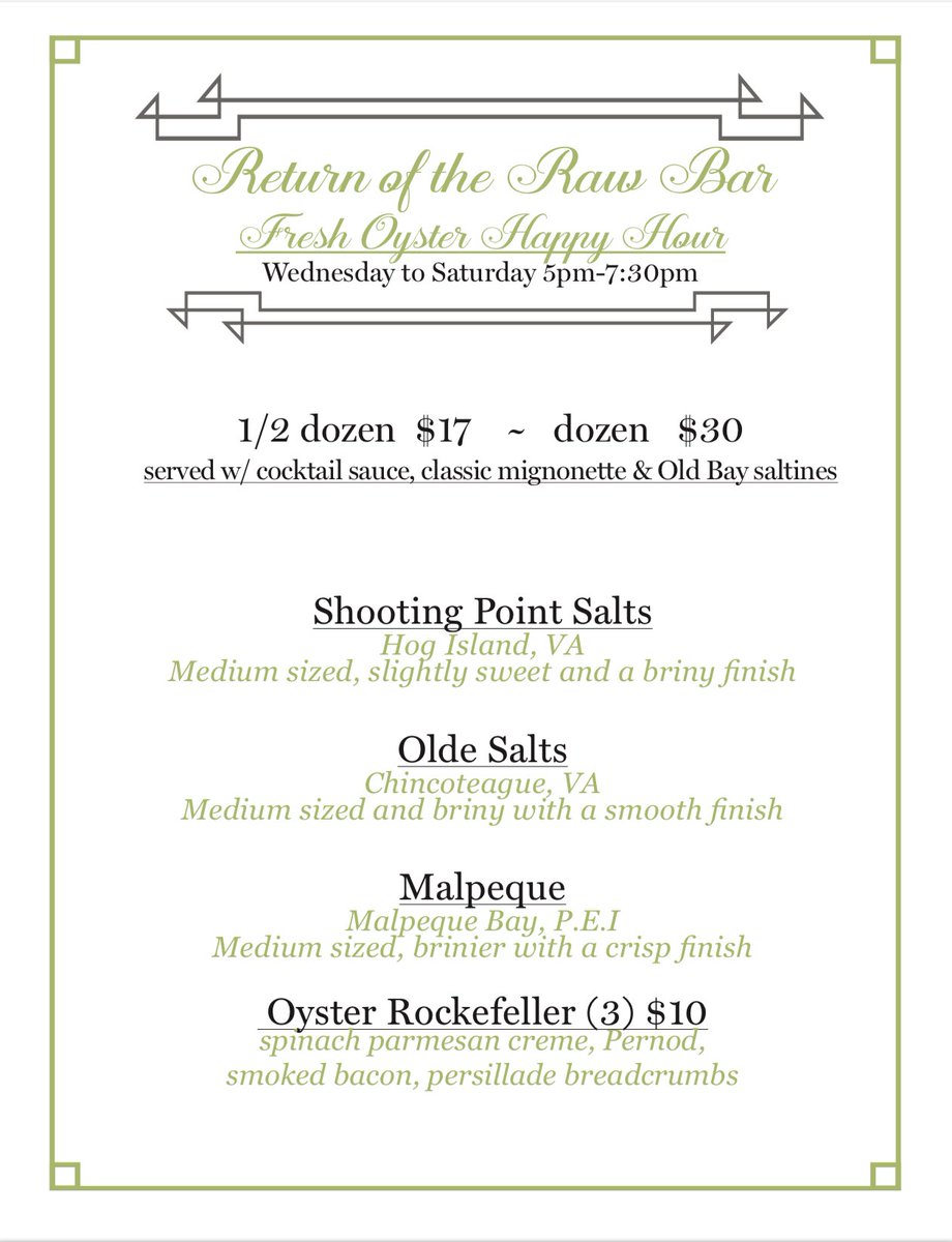 Welcome back, Raw Bar! 🦪✨ We’re celebrating the return of our oysters, with a new summer Oyster Happy Hour!

Belly up to the main bar for freshly-shucked bivalves (or get ‘em Rockefeller-style) every Wednesday-Saturday from 5-7:30pm! Swipe for the menu 👉