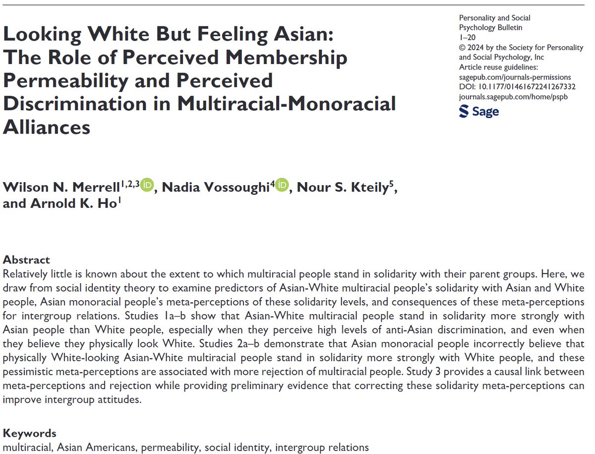 Wilson Merrell (@wnmerrell) on Twitter photo Now out at PSPB: we (<a href="/NVossoughi/">Nadia Vossoughi</a>, @NourKteily, & Arnold Ho) examined predictors + intergroup implications of Asian-White multiracial solidarity with their respective parent groups.
A🧵on some main findings:
doi.org/10.1177/014616… Now out at PSPB: we (<a href="/NVossoughi/">Nadia Vossoughi</a>, @NourKteily, & Arnold Ho) examined predictors + intergroup implications of Asian-White multiracial solidarity with their respective parent groups.
A🧵on some main findings:
doi.org/10.1177/014616…