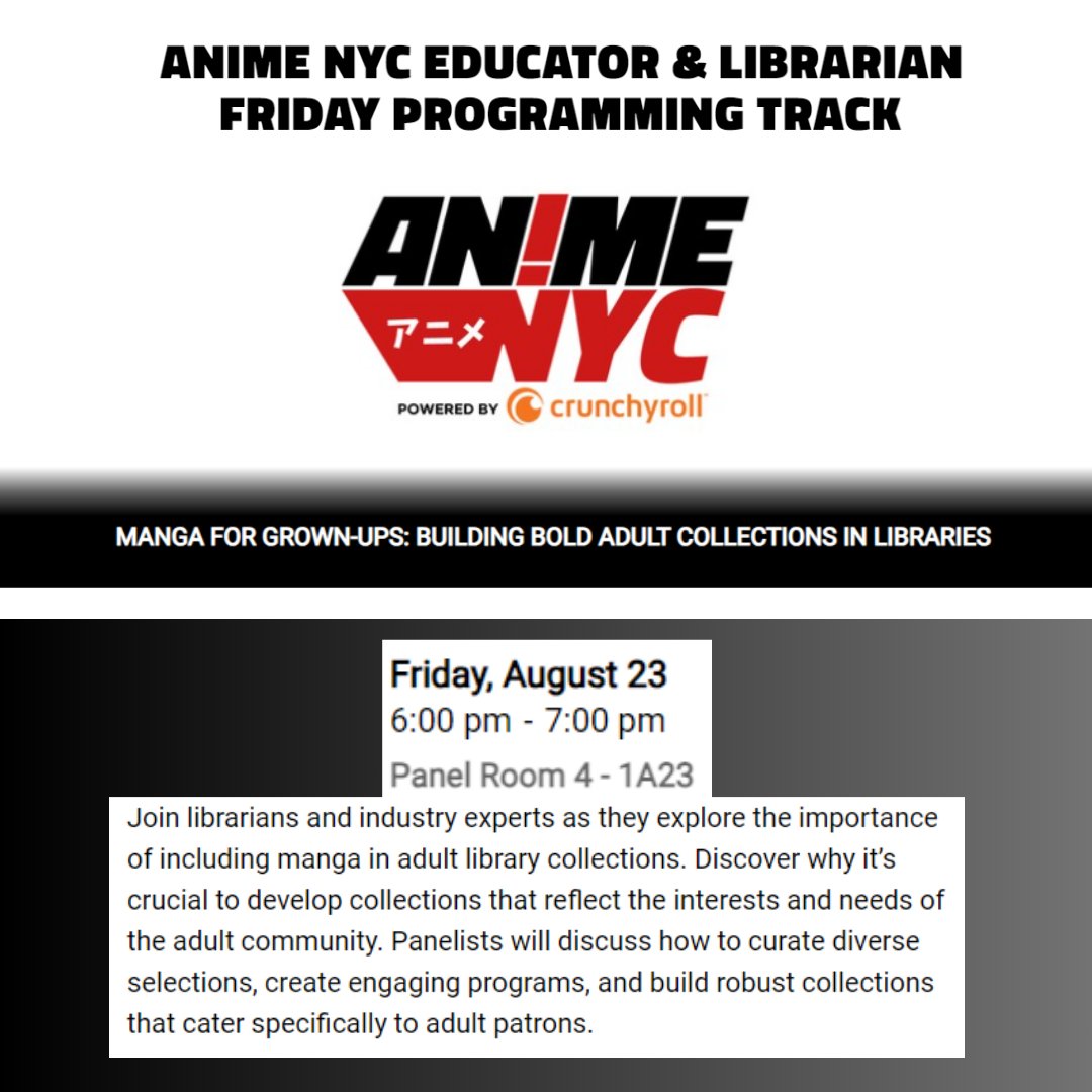 Jillian Rudes (@jrlibrarian) on Twitter photo ✨Join <a href="/TOKYOPOP/">TOKYOPOP</a>, <a href="/DarkHorseComics/">Dark Horse Comics</a>, and <a href="/SuBLimeManga/">SuBLime Manga</a> for the Educator & Librarian Programming Track at #AnimeNYC! "Manga for Grown-Ups: Building Bold Adult Collections in Libraries" from 6:00-7:00pm in Room 4 - 1A23! ✨animenyc.com/programming/#/… ✨Join <a href="/TOKYOPOP/">TOKYOPOP</a>, <a href="/DarkHorseComics/">Dark Horse Comics</a>, and <a href="/SuBLimeManga/">SuBLime Manga</a> for the Educator & Librarian Programming Track at #AnimeNYC! "Manga for Grown-Ups: Building Bold Adult Collections in Libraries" from 6:00-7:00pm in Room 4 - 1A23! ✨animenyc.com/programming/#/…