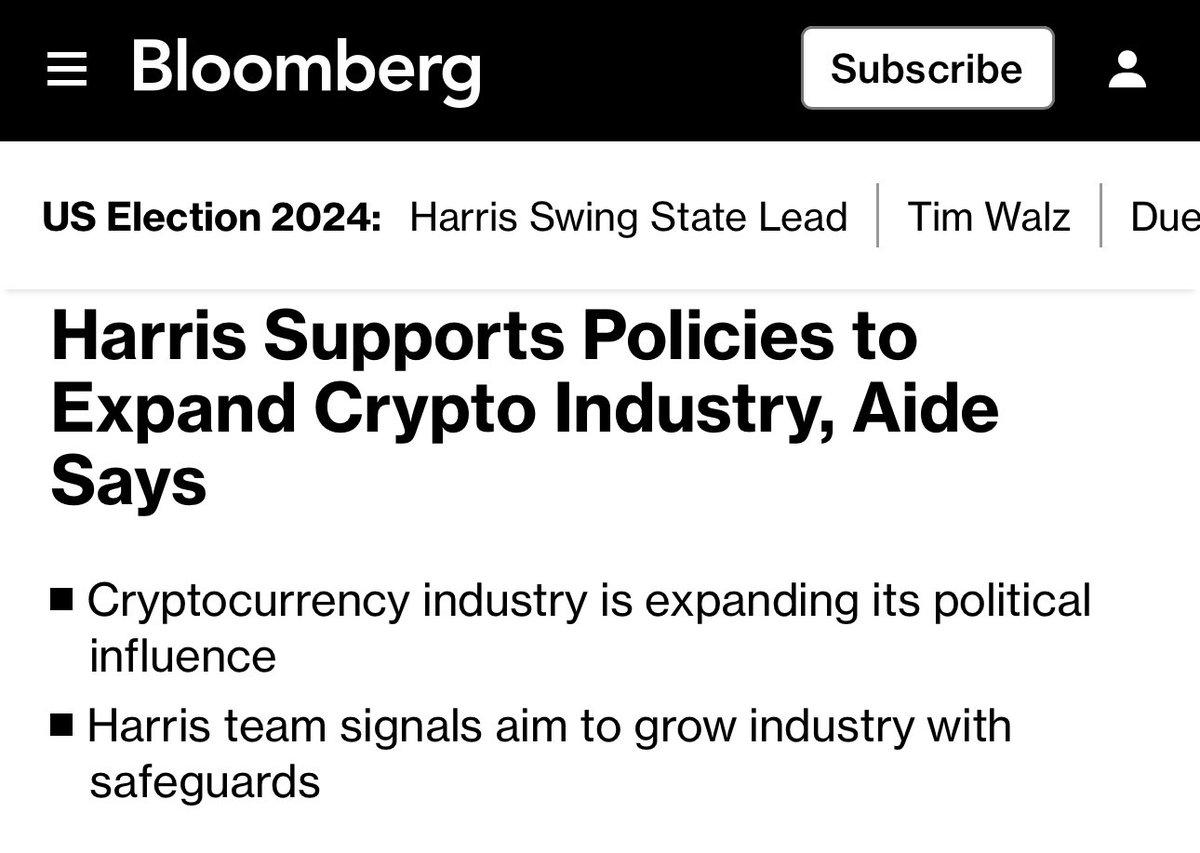 BitcoinMagazine's tweet photo. JUST IN: Kamala Harris "supports policies to expand crypto industry", Bloomberg reports 🇺🇸 https://t.co/h7qBOJm42a
