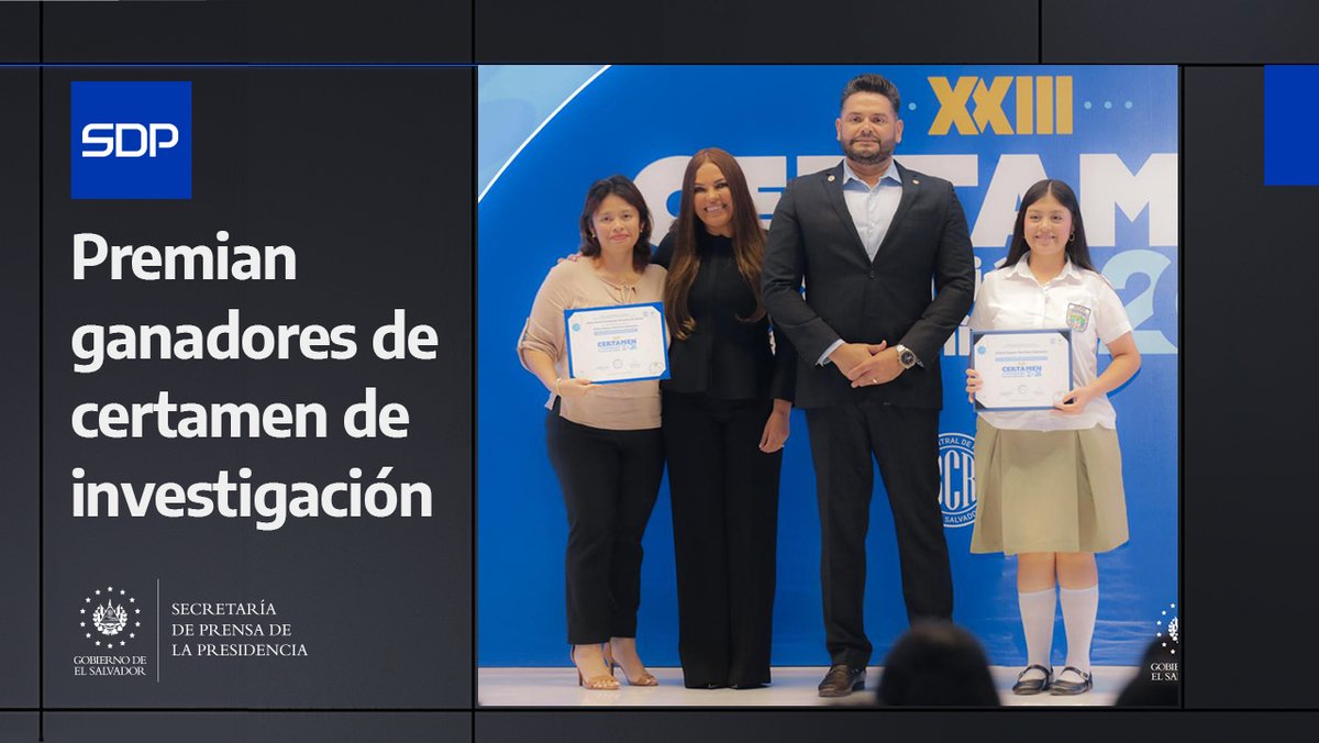 SecPrensaSV's tweet photo. #InvestigaciónTécnicaBachiller | El Gobierno del Presidente @nayibbukele premió a los ganadores del XXIII Certamen de Investigación Técnica Bachiller 2024, convocado por el Banco Central de Reserva (@bcr_sv). https://t.co/aKACbNd2cV #SecretaríaDePrensa https://t.co/RzZfioYi4O