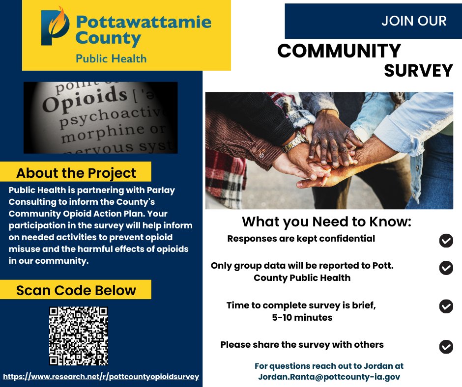 PottCoPHD's tweet image. PCPH is partnering with Parlay Consulting Firm to inform the County's Community Opioid Action Plan. Your participation in the survey will help inform on needed activities to prevent opioid misuse and the harmful effects of opioids in our community. 
research.net/r/pottcountyop…