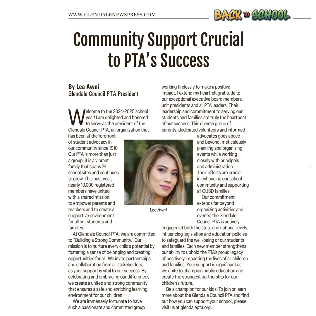 glendalepta's tweet photo. Glendale Council PTA President Lea Awni's "Back to School " message to the GUSD community.
credit: https://t.co/7dvbo0HStg https://t.co/rz3fYsXSm3