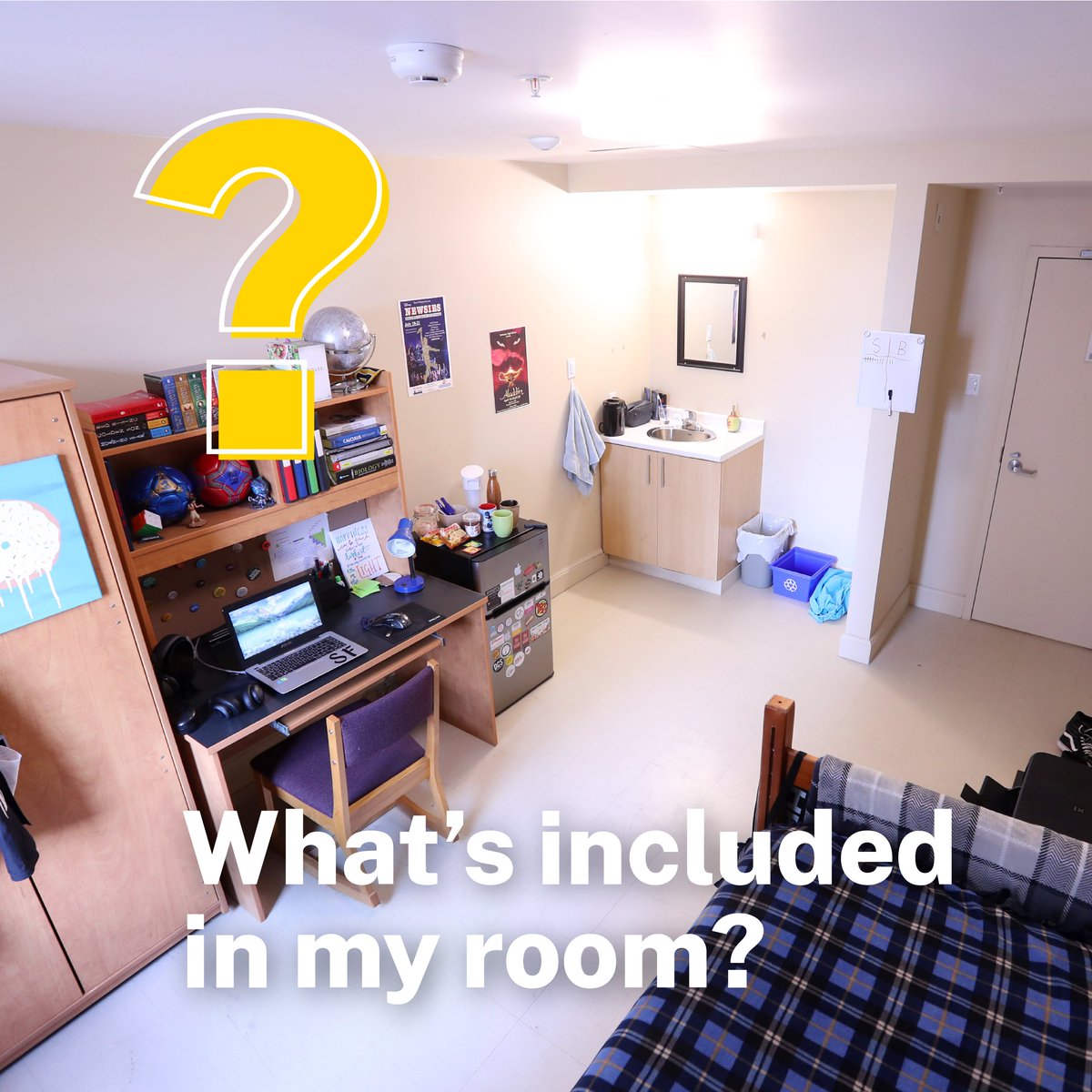 What's included in your room? 

All rooms include a bed, desk, desk chair, chest of drawers, wardrobe, fan, and curtains. Some rooms may also have a closet instead of a wardrobe, but this varies by building and house. Some rooms may also have a sink, but this varies by building.