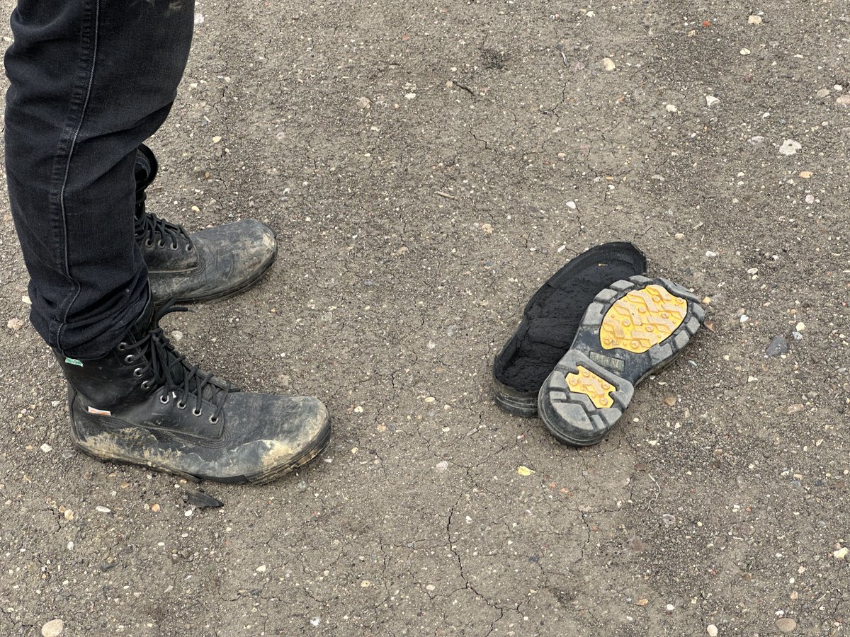 Sometimes you have to bring your own personal protective equipment while covering a story.
And sometimes both of the soles of your steel toe boots come right off while covering that story.