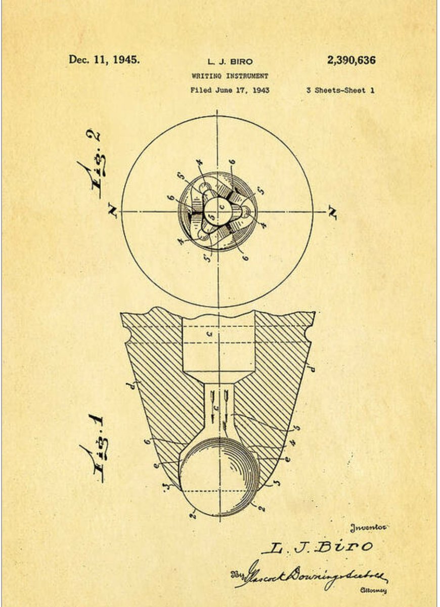 tsurune64's tweet photo. Laszlo Biro's patent for the first commericial ball point pen.  As impactful as the bicycle. https://t.co/FNlEJWYo1v