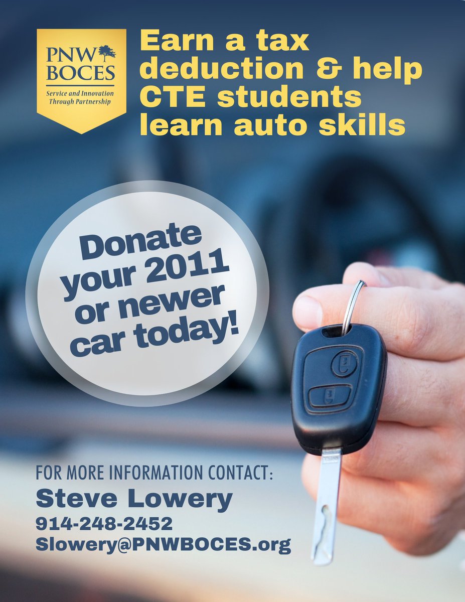 PNW BOCES (@pnwboces) on Twitter photo Help our Career & Technical Education Auto programs by donating your used car. We are looking for cars from 2011 on up to help our students learn the ropes of the auto industry in our hands-on shops! Contact Steve Lowery, Slowery@pnwboces.org, for more info. Help our Career & Technical Education Auto programs by donating your used car. We are looking for cars from 2011 on up to help our students learn the ropes of the auto industry in our hands-on shops! Contact Steve Lowery, Slowery@pnwboces.org, for more info.