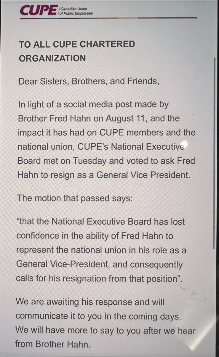 CIJA (@cijainfo) on Twitter photo We commend <a href="/cupenat/">CUPE National</a>'s Executive Board for calling for Fred Hahn’s resignation as General VP.
Hahn’s actions have tarnished CUPE’s mission to advance workers' rights in 🇨🇦 and made Jewish CUPE members feel unsafe. Jewish union members reported unprecedented levels of racism, We commend <a href="/cupenat/">CUPE National</a>'s Executive Board for calling for Fred Hahn’s resignation as General VP.
Hahn’s actions have tarnished CUPE’s mission to advance workers' rights in 🇨🇦 and made Jewish CUPE members feel unsafe. Jewish union members reported unprecedented levels of racism,