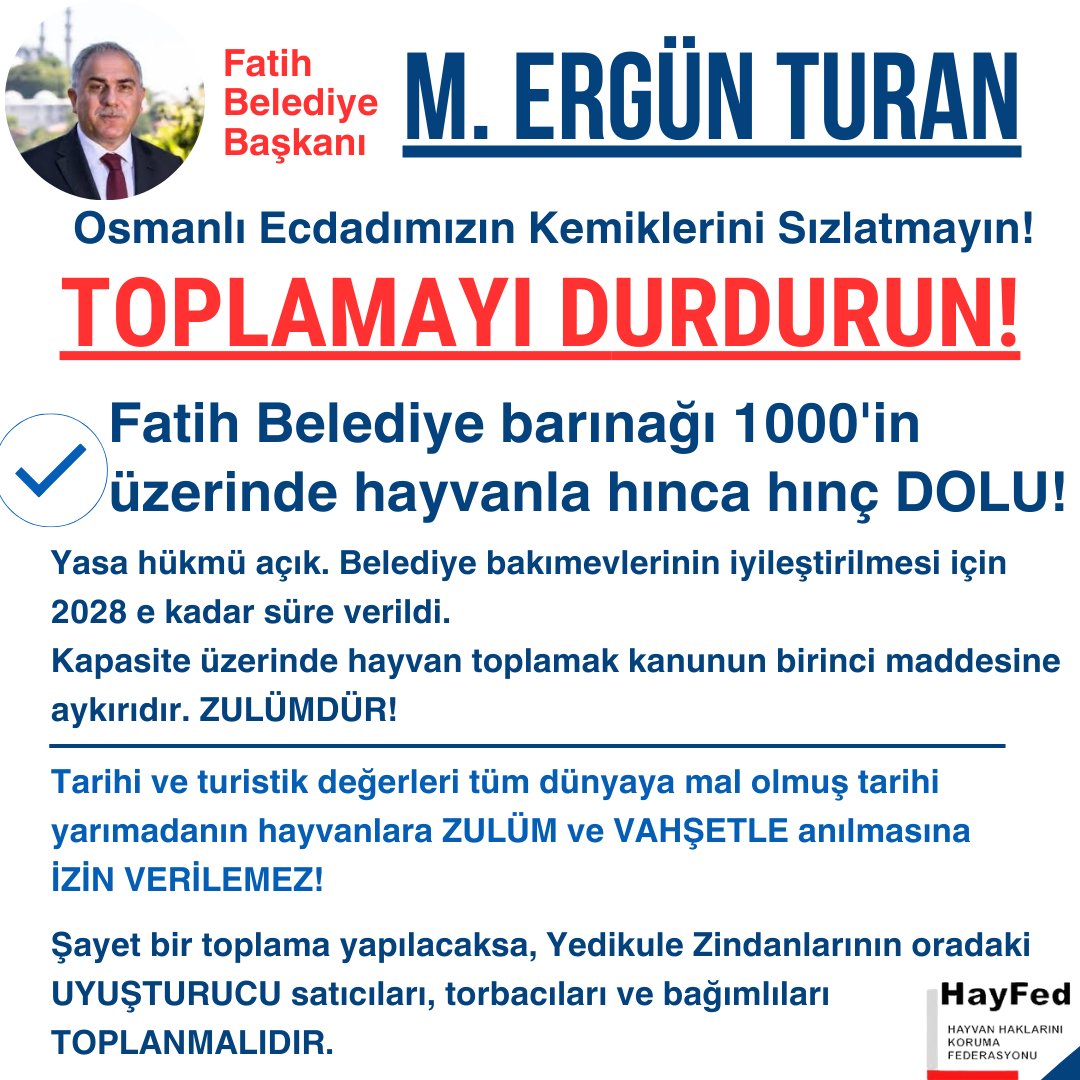 Nihal_K34's tweet photo. Fatih Belediye Başkanı @MErgun_Turan Osmanlı Ecdadımızın Kemiklerini Sızlatmayın!.. TOPLAMAYI DURDURUN!
✔️Fatih Belediye barınağı 1000'in üzerinde hayvanla hınca hınç DOLU!
Yasa hükmü açık. Belediye bakımevlerinin iyileştirilmesi için 2028 e kadar süre verildi.  
Kapasite üzerinde hayvan toplamak kanunun birinci maddesine aykırıdır. ZULÜMDÜR!  
Tarihi ve turistik değerleri tüm dünyaya mal olmuş tarihi yarımadanın hayvanlara ZULÜM ve VAHŞETLE anılmasına  İZİN VERİLEMEZ!  
Şayet bir toplama yapılacaksa, Yedikule Zindanlarının oradaki  UYUŞTURUCU satıcıları, torbacıları ve bağımlıları TOPLANMALIDIR.
#GlobalCallForTurkeyStrayAnimals #withdrawthelawturkiye 
@PhaedraXTeddy @domdyer70 @MeldaKelemcisoy @InsaneHuseyin @WalkingCatToken
@FatihBelediye @sevansivacioglu @AvSerkanBayram @sedagorenboluk @RumeysaKadak @oucuncu @av_nurettinalan @NumanKurtulmus @AyanNilhan @mhulkicevizoglu @mustafademir @cuneytyuksel_ @busrapaker @pervintuba @AvOzlemZengin @suleymansoylu @ibrahimyumakli
