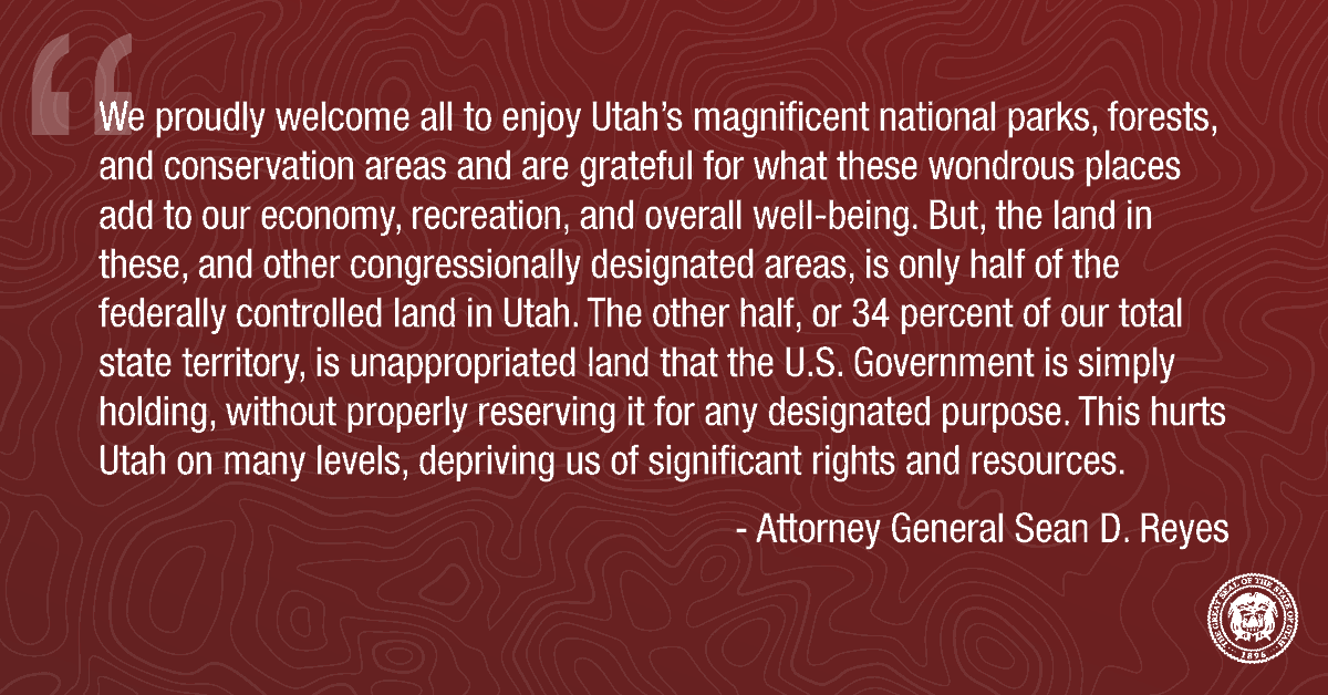 Stand4OurLandUT's tweet photo. Did you know that 34% of Utah’s land is “unappropriated,” meaning the federal government simply holds it without properly reserving it for any designated purpose? This hurts Utah on many levels, depriving the state of significant rights and resources.

🔗: https://t.co/dUQdH6kDGr https://t.co/nMUzFs3T7H