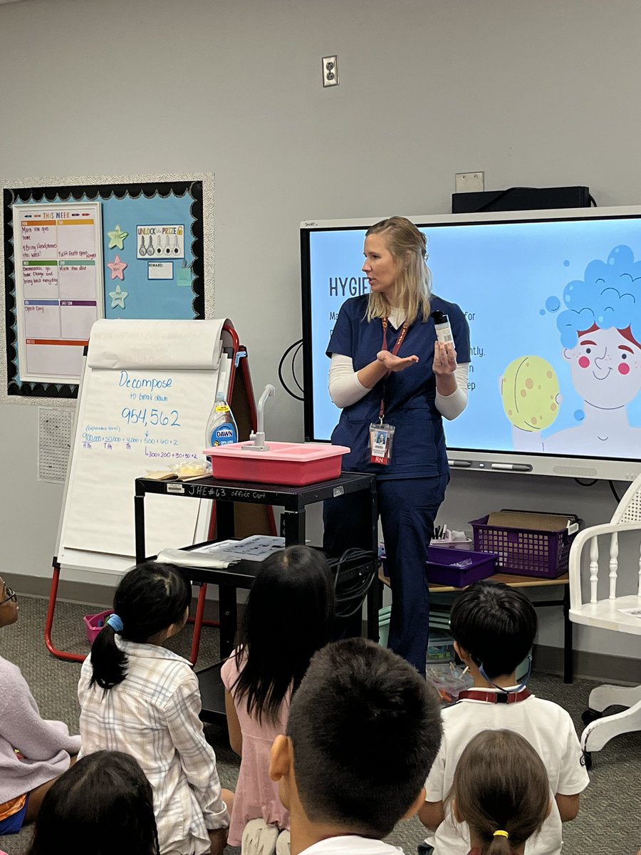 MrsViard's tweet image. We had a special visitor in 3rd grade! Our NURSE! We learned all about healthy habits! She even showed us a demonstration on how to properly wash away germs! #hayeshawks
