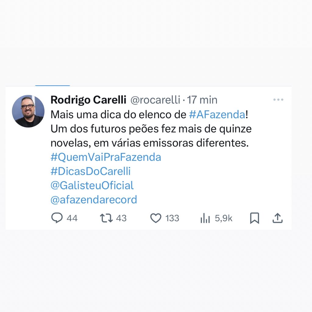 vaidesmaiar's tweet photo. O Carelli, diretor de #AFazenda, postou mais uma dica sobre um participante! O futuro peão fez mais de 15 novelas em diversas emissoras! Quem será? Palpites? https://t.co/sKZHkMjEvh