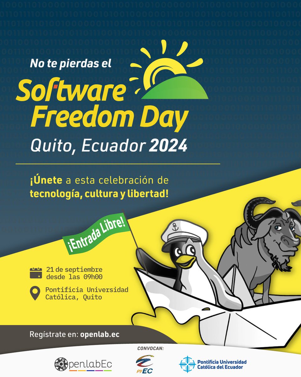 📢 ¡ Llegó el Software Freedom Day 2024! 🖥️

Será una jornada llena de charlas inspiradoras, talleres prácticos y oportunidades para conectar con expertos en software libre.

🗓️ 21 de septiembre, 9:00 hrs.
📍 Pontificia Universidad Católica - Quito 
🔗 openlab.ec/sfdquito-2024