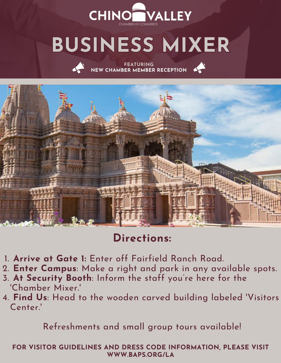 ChinoValleyCC's tweet image. It’s happening tomorrow!🗓️ The Business Mixer at the BAPS Hindu Temple is your chance to connect and network. Follow the directions listed to find us easily.
#businessmixer #chinovalleychamber #network