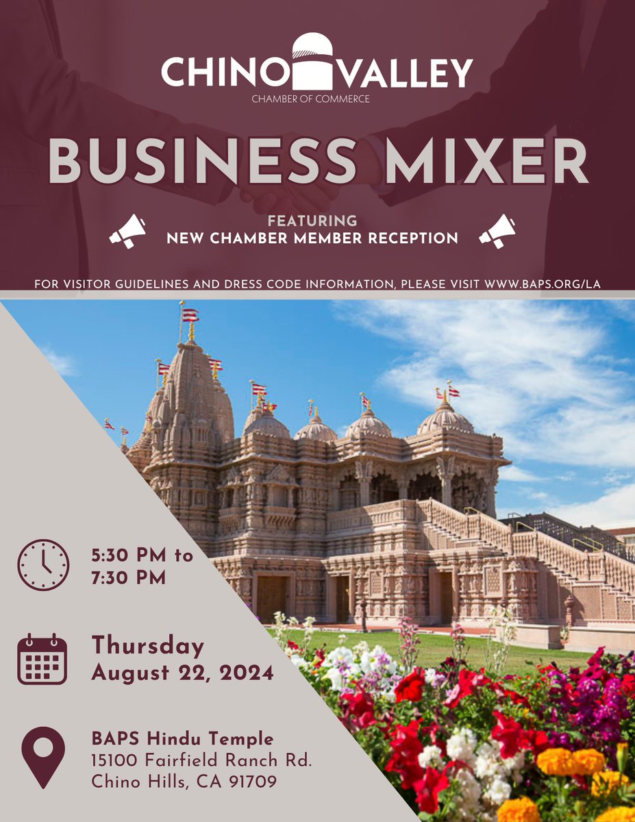ChinoValleyCC's tweet image. It’s happening tomorrow!🗓️ The Business Mixer at the BAPS Hindu Temple is your chance to connect and network. Follow the directions listed to find us easily.
#businessmixer #chinovalleychamber #network