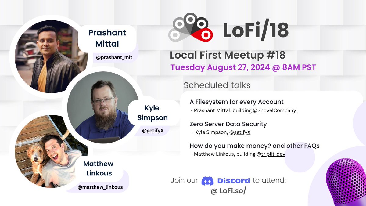 Yonatan (@devyonz) on Twitter photo π£ Tune in to #LoFi/18 at 8:00 AM PST on Tuesday, August 27, 2024 ππ½ lofi.so
We have yet another fantastic lineup featuring Prashant Mittal (<a href="/prashant_mit/">Prashant Mittal</a>) from <a href="/ShovelCompany/">Shovel.Company</a>, Kyle Simpson (<a href="/getifyX/">not just pixels</a>) and Matthew Linkous (<a href="/matthew_linkous/">Matthew Linkous</a>) from <a href="/triplit_dev/">Triplit | The fullstack database</a>
#lofi π£ Tune in to #LoFi/18 at 8:00 AM PST on Tuesday, August 27, 2024 ππ½ lofi.so
We have yet another fantastic lineup featuring Prashant Mittal (<a href="/prashant_mit/">Prashant Mittal</a>) from <a href="/ShovelCompany/">Shovel.Company</a>, Kyle Simpson (<a href="/getifyX/">not just pixels</a>) and Matthew Linkous (<a href="/matthew_linkous/">Matthew Linkous</a>) from <a href="/triplit_dev/">Triplit | The fullstack database</a>
#lofi